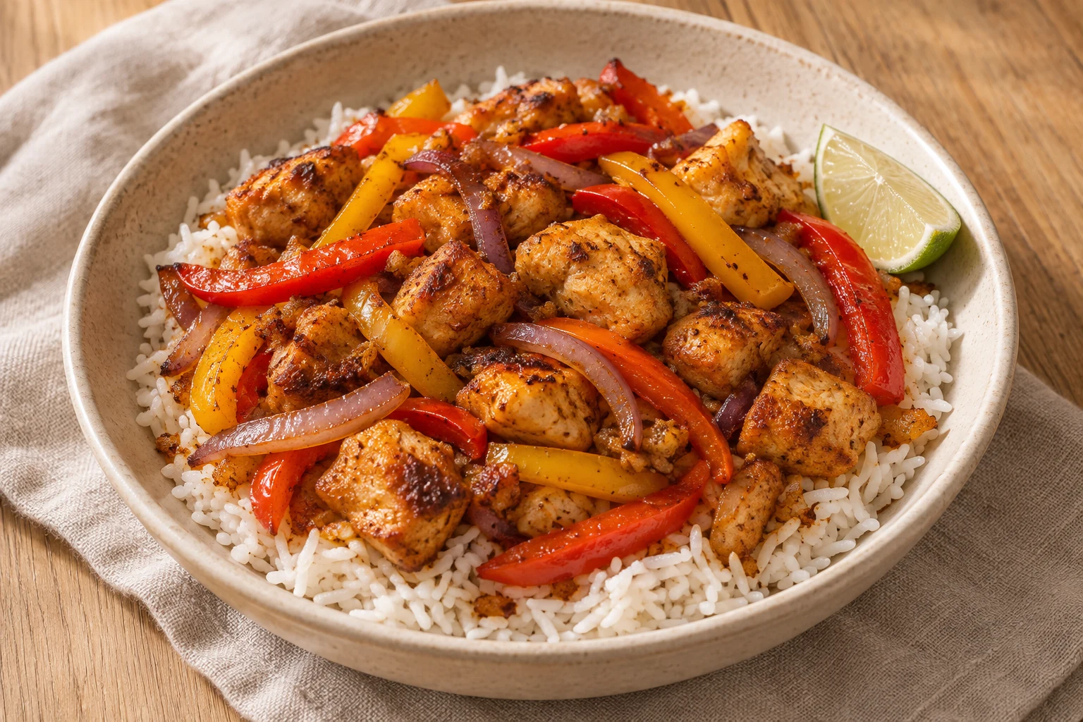 Paprika chicken pieces, sauteed peppers and red onion over rice with a lime wedge