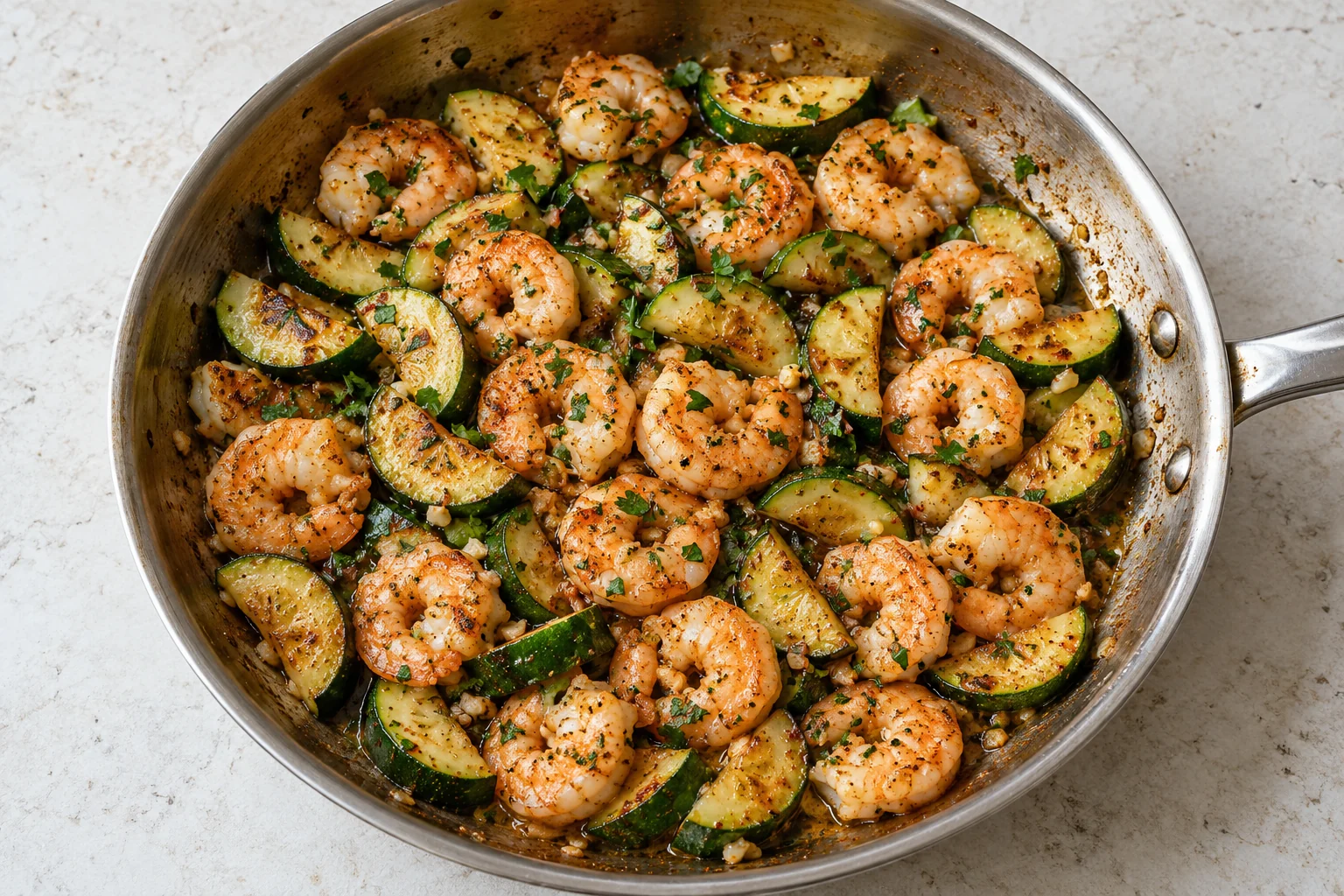 peeled shrimp and browned zucchini half-moons with paprika, garlic and parsley in a stainless steel skillet.