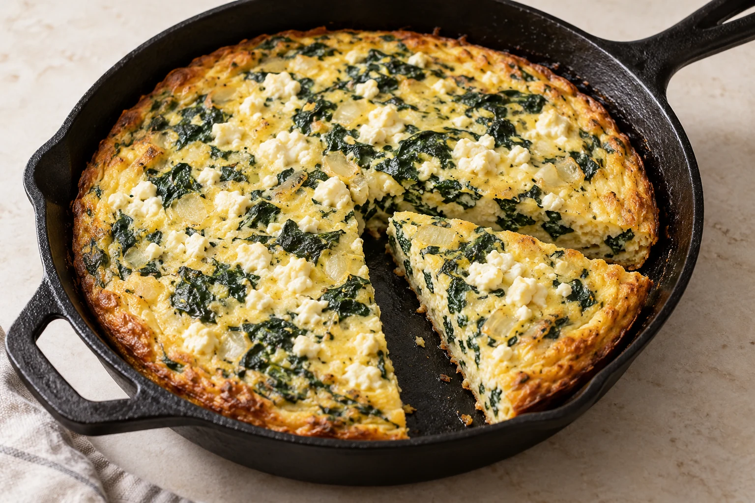 A spinach and feta egg frittata in a skillet with one wedge cut