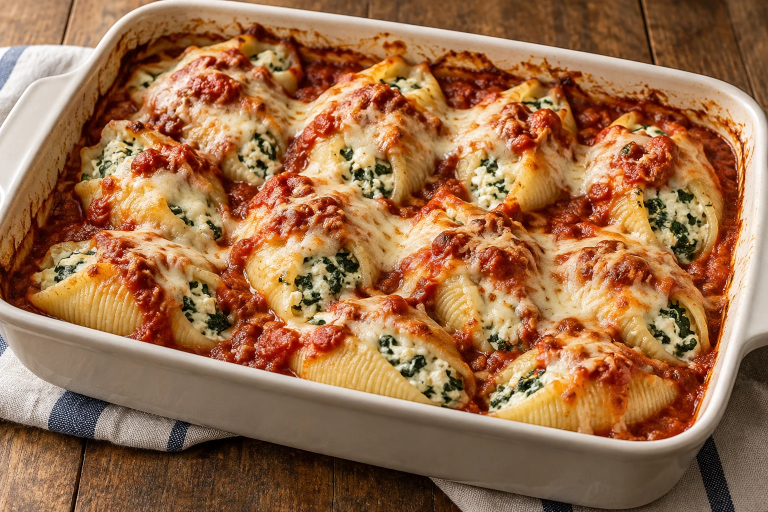 Jumbo pasta shells stuffed with spinach and ricotta, baked in marinara with mozzarella