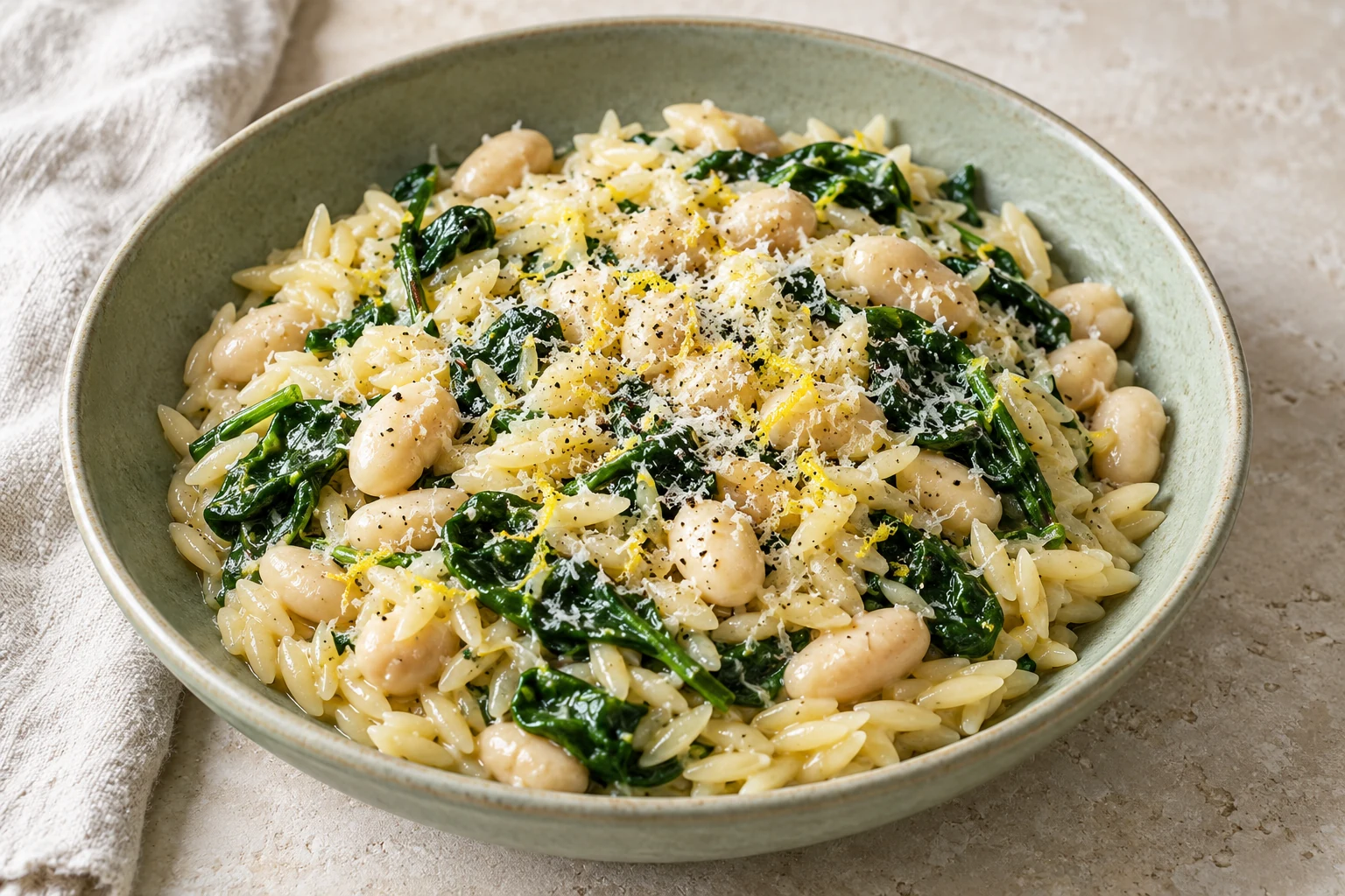 lemon orzo with white beans, wilted spinach, Parmesan and lemon zest