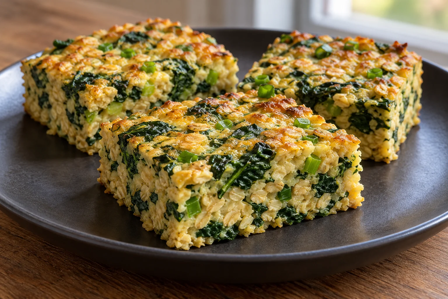 A savory baked oat-and-egg breakfast with spinach, scallions and plain yogurt, cut into soft squares.