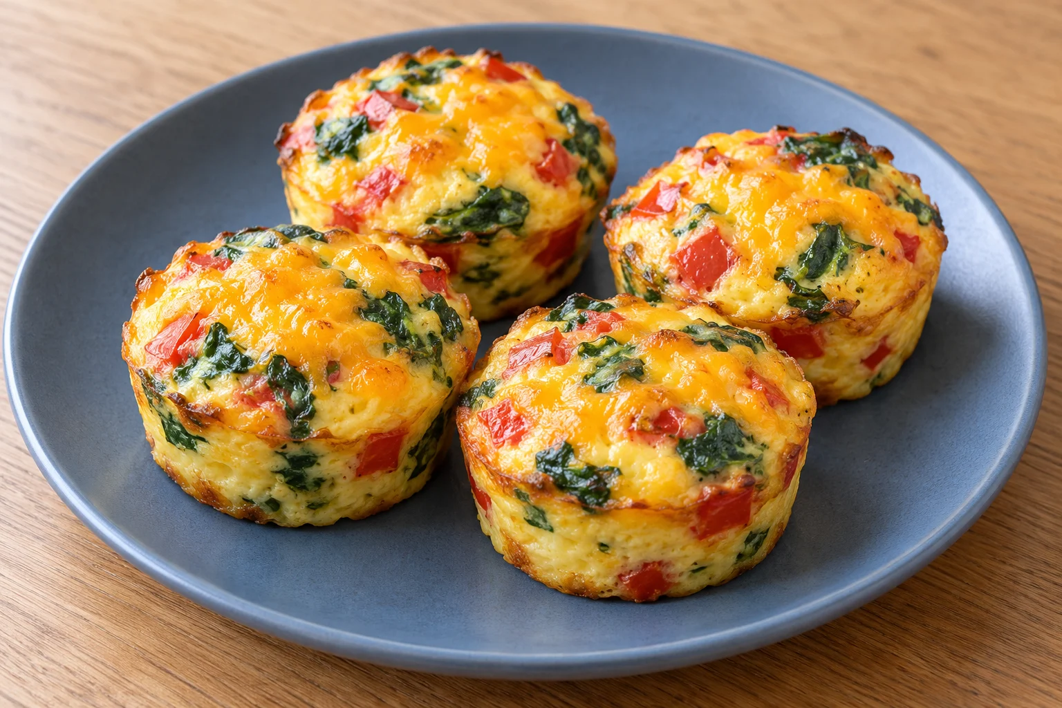 four crustless egg muffins with spinach, red bell pepper and golden melted cheddar on a slate-blue plate.