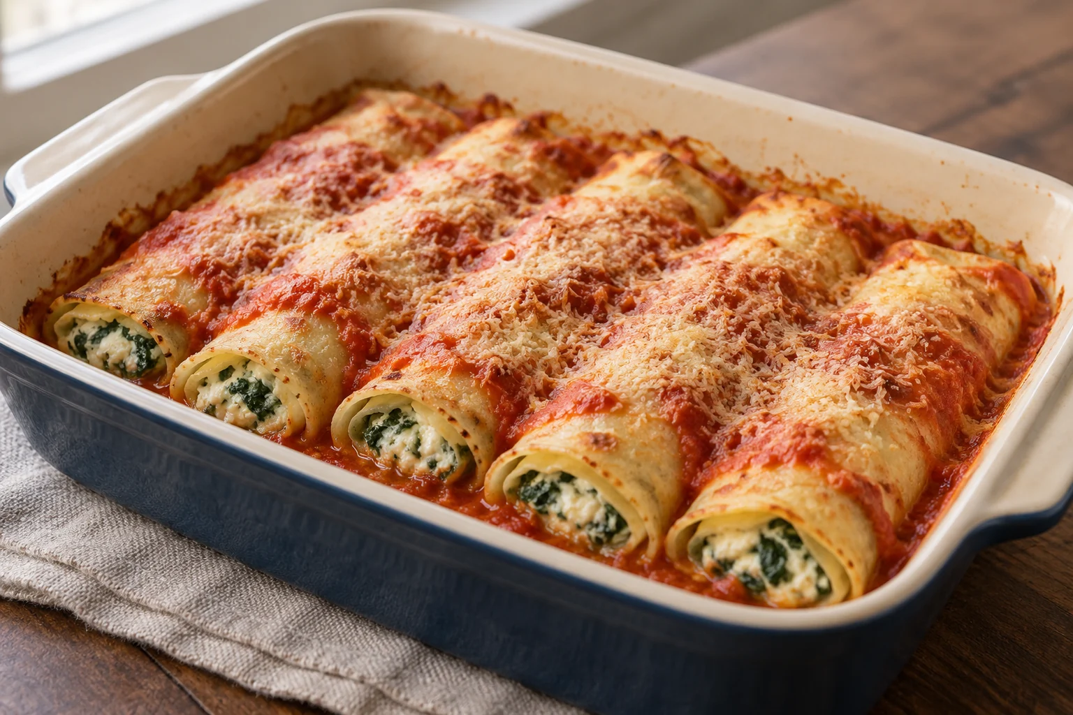 Thin homemade crepes wrap spinach and ricotta, then bake under a simple tomato sauce and Parmesan-style cheese.