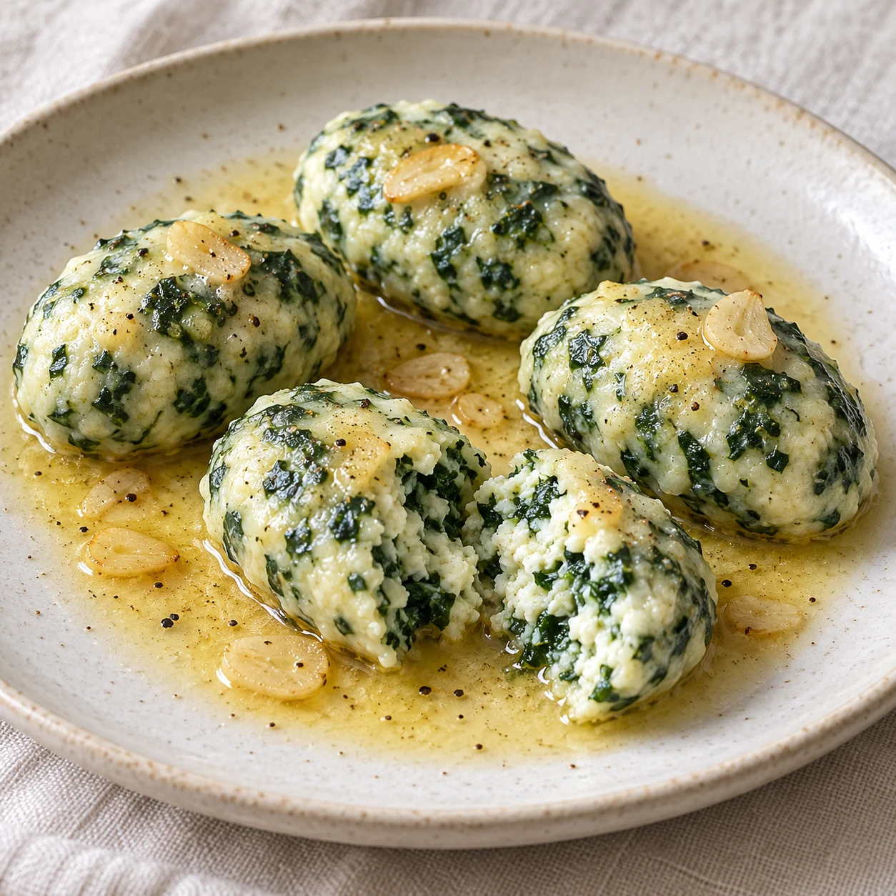 Tender spinach and ricotta dumplings are gently poached and finished in garlic butter.