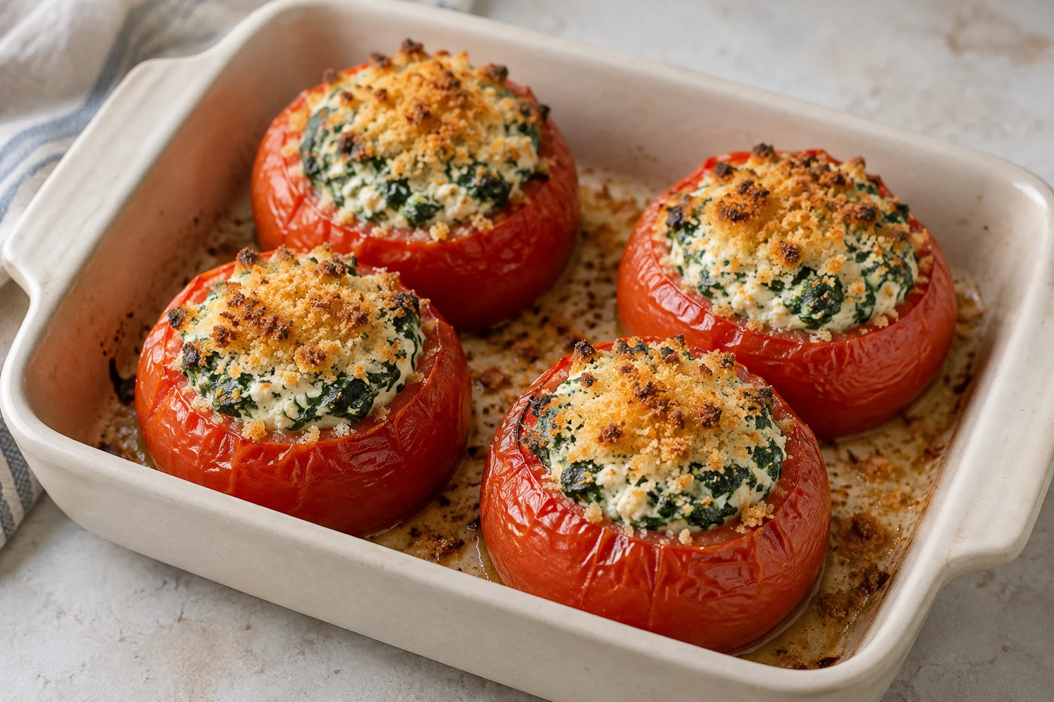 Roasted tomato shells filled with well-drained spinach and creamy ricotta, topped with golden crumbs.
