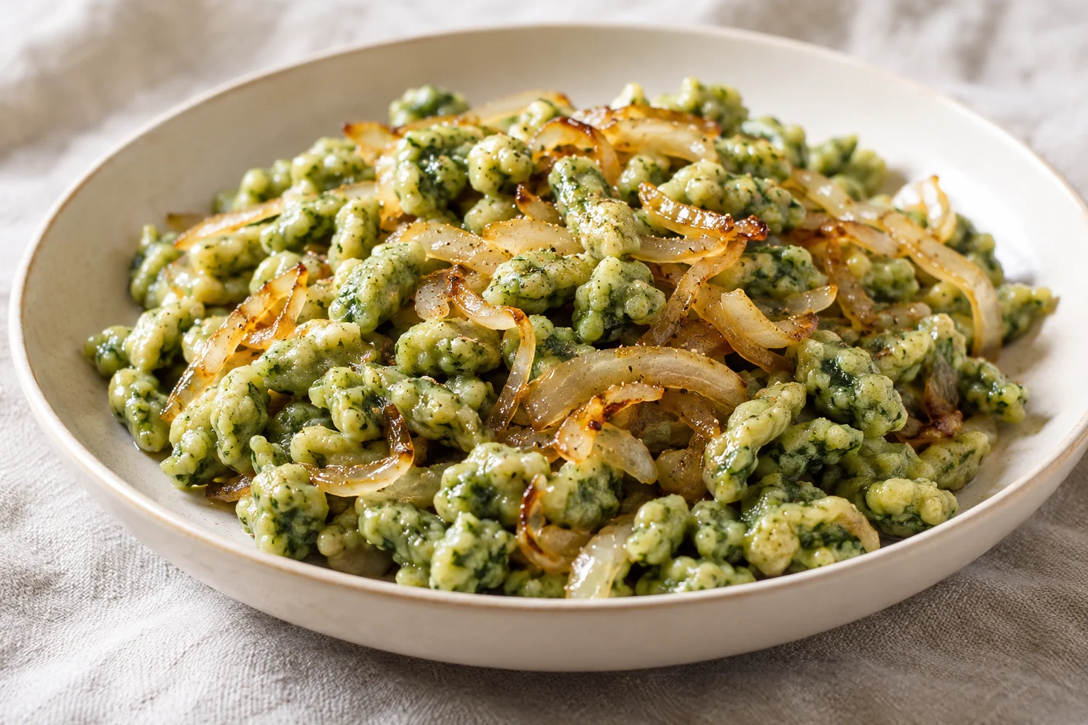 A soft spinach-and-egg batter makes irregular little dumplings finished with butter and slowly browned onions.