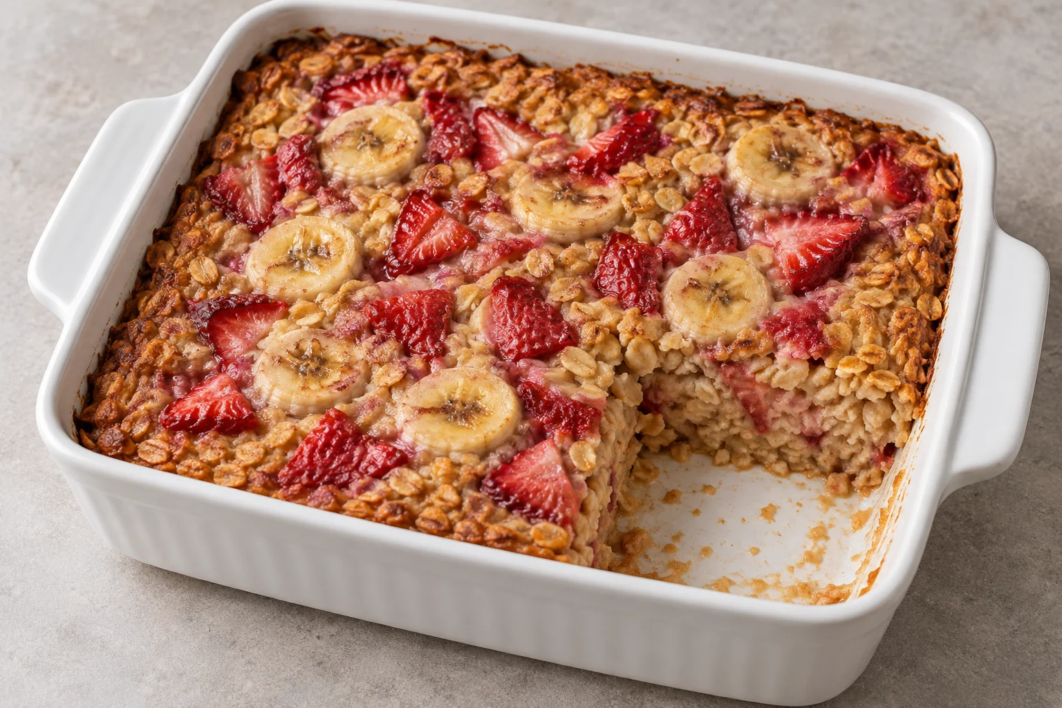 A gently sweet, sliceable oat bake with strawberries, ripe banana and a soft set center.