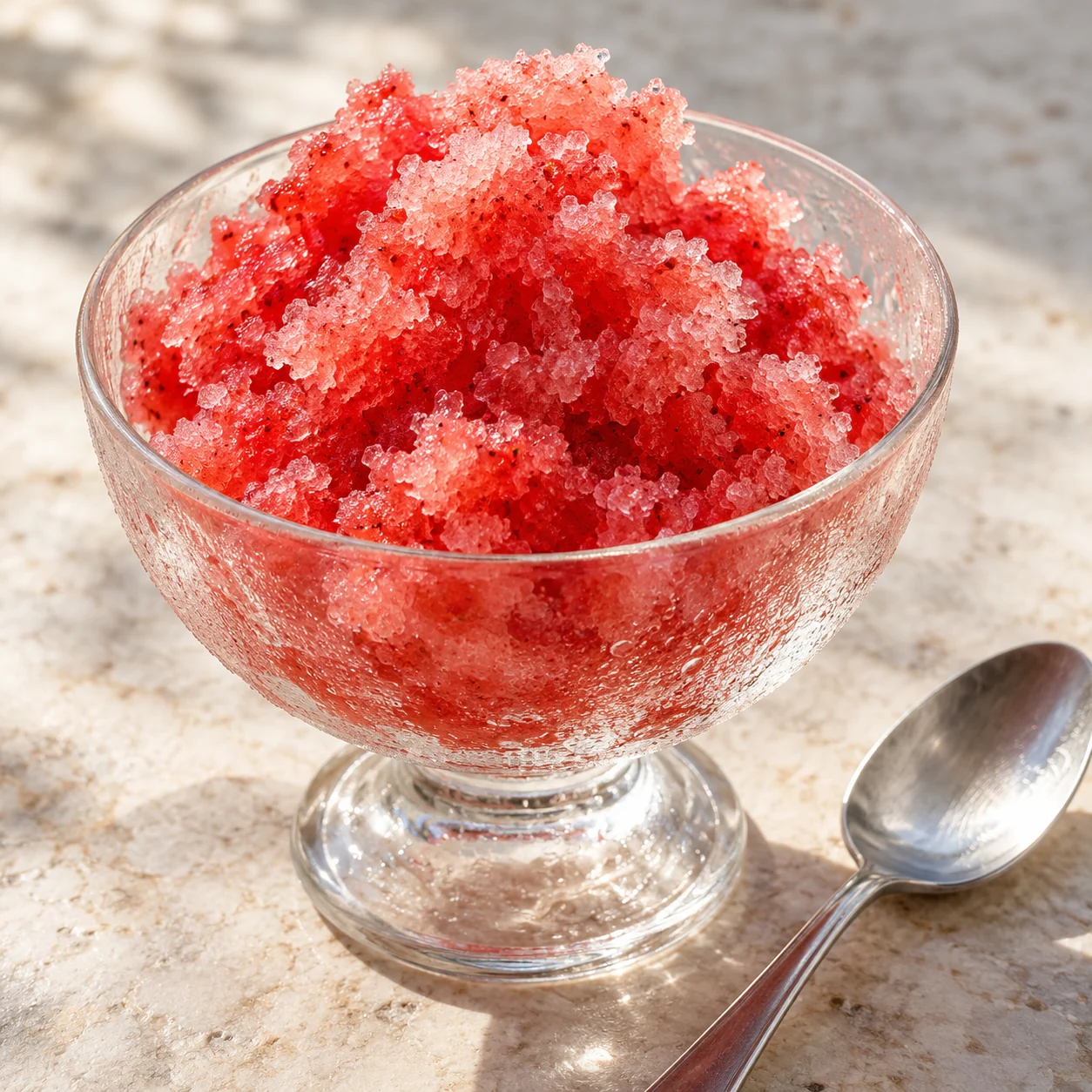 Strawberry puree freezes into light, coarse crystals that are scraped with a fork and spooned into chilled bowls.