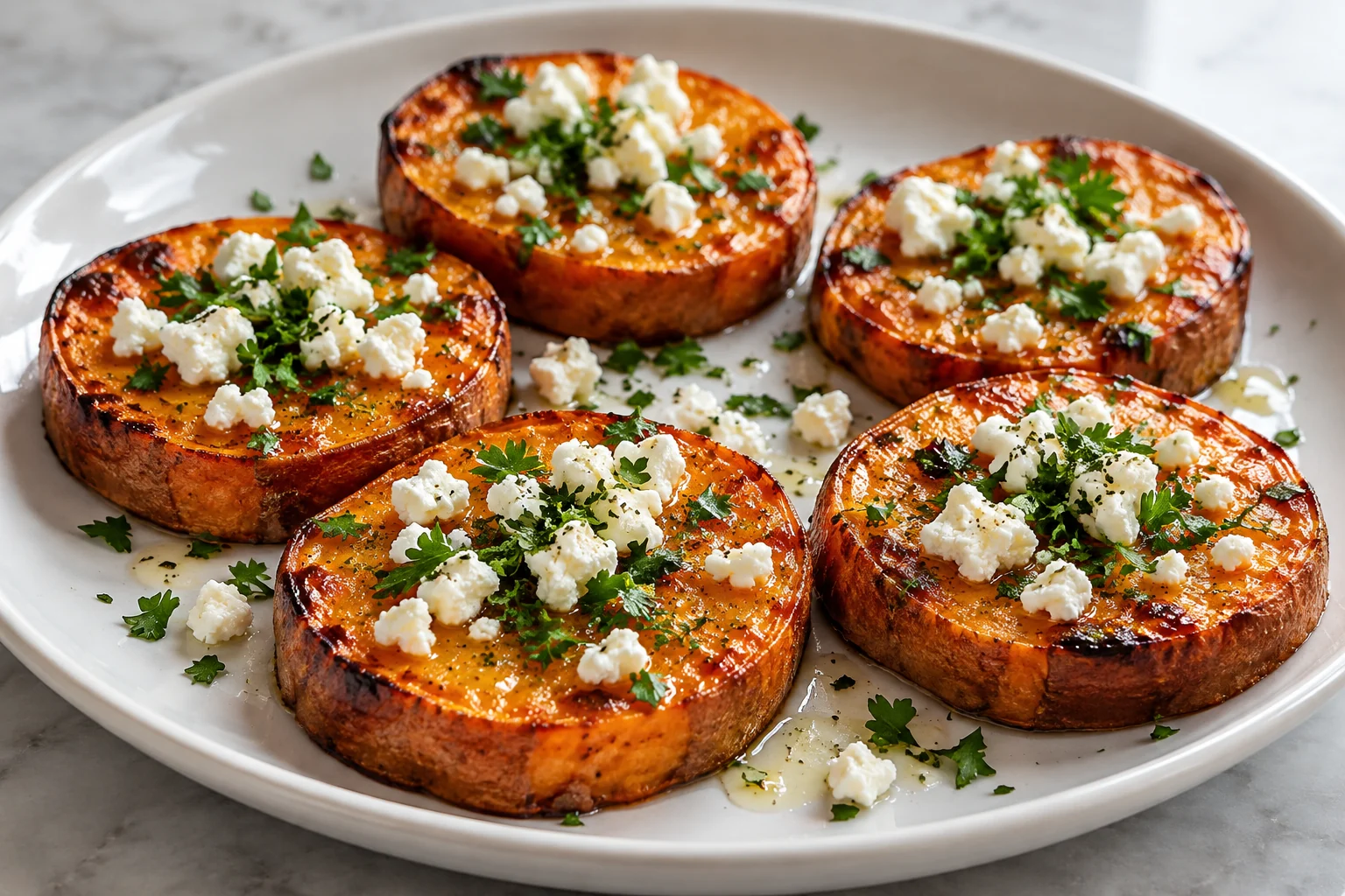 Tender roasted sweet potato rounds topped with crumbled feta, parsley and lemon.