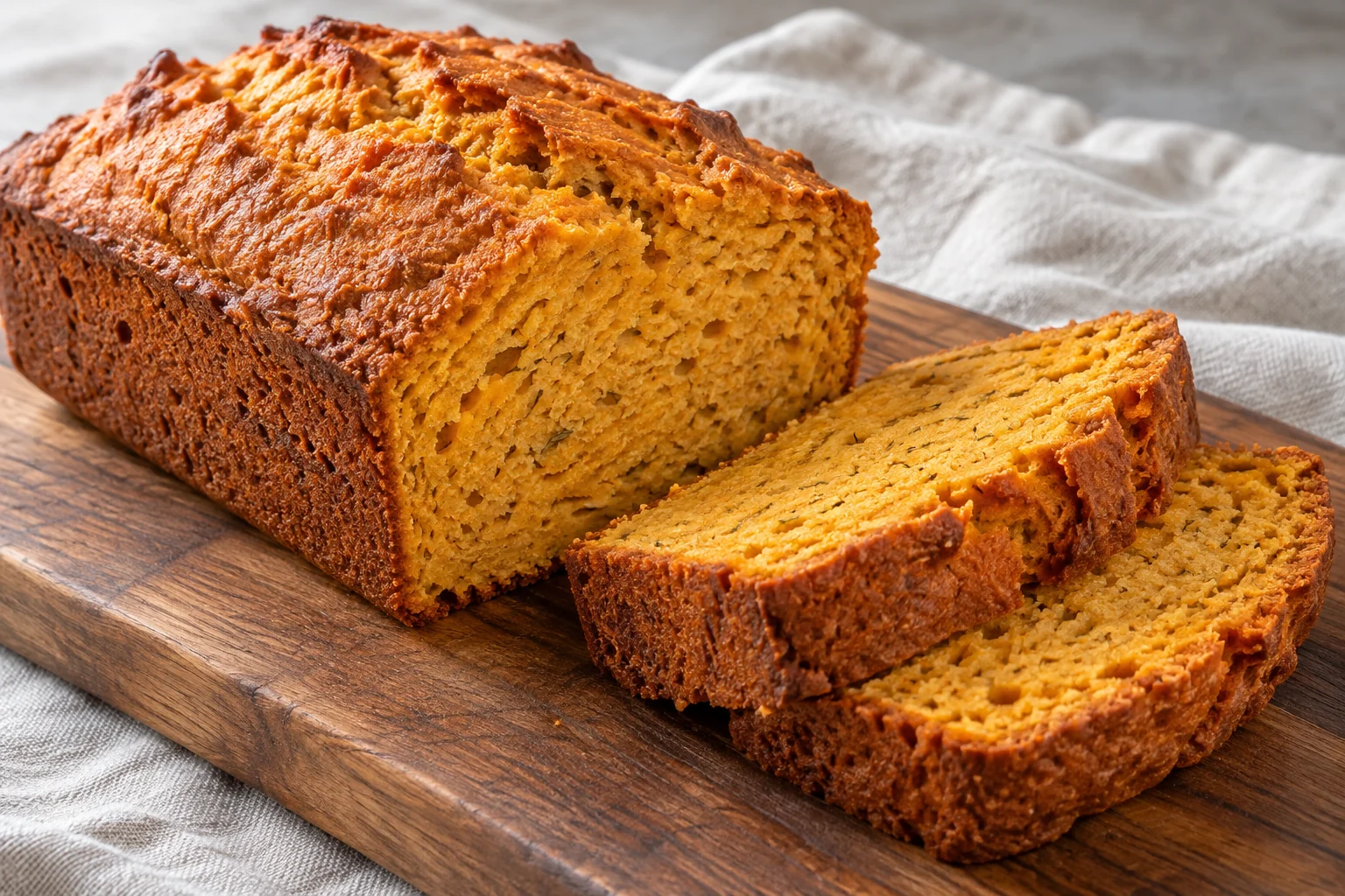 A savory orange-gold quick bread with mashed sweet potato, olive oil and small rosemary flecks.