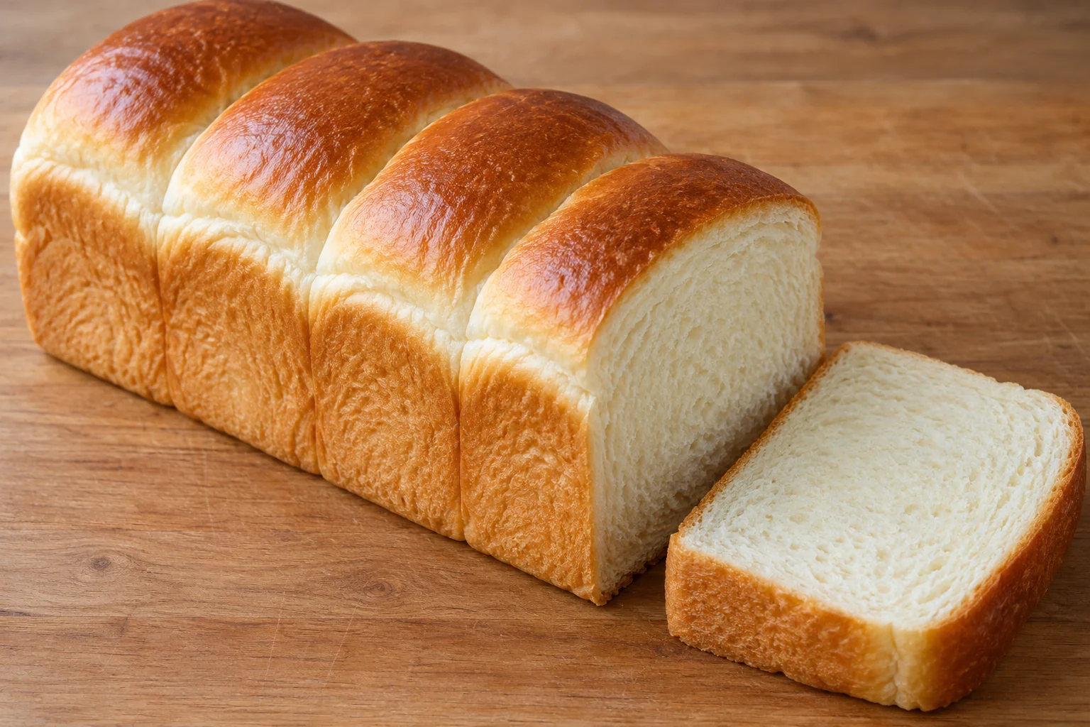 A soft four-lobed sandwich loaf made with a cooked flour-and-milk paste, enriched dough and a measured milk glaze.