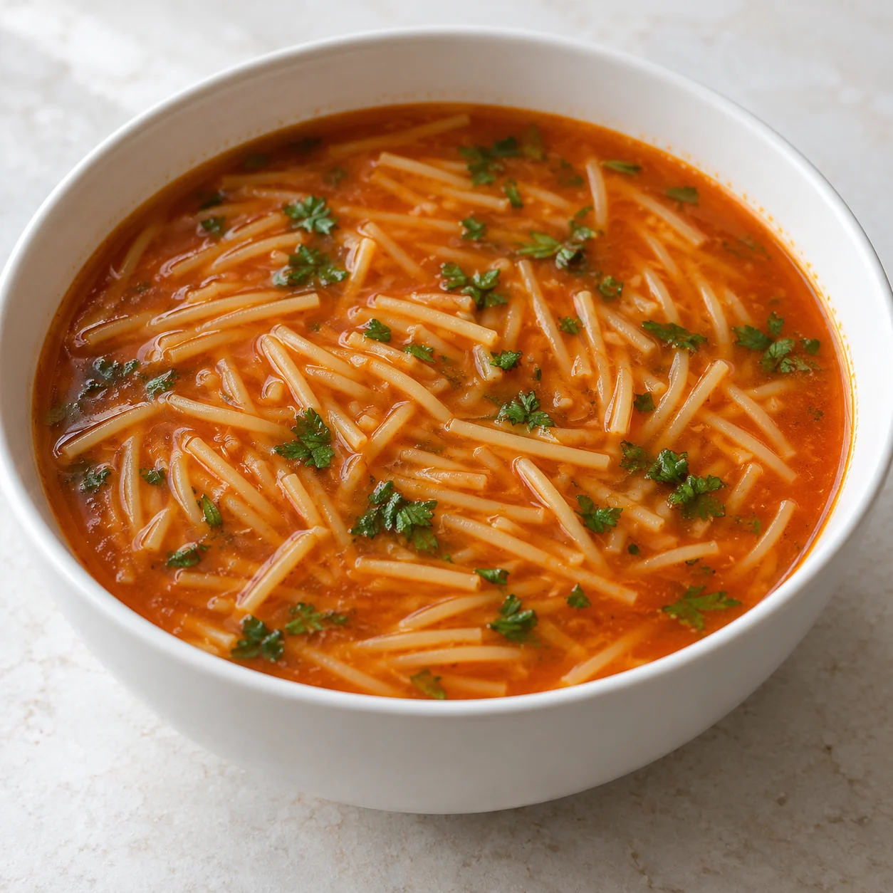 Short pieces of wheat vermicelli are toasted in oil before simmering in a smooth tomato broth.