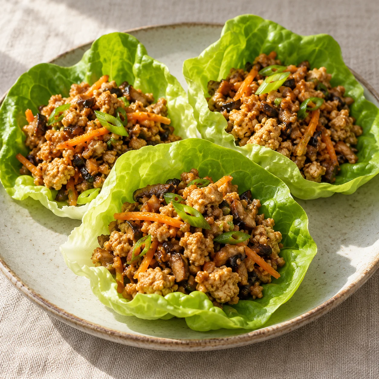 Crumbled tofu and chopped mushrooms cook into a ginger-soy filling for crisp lettuce leaves.