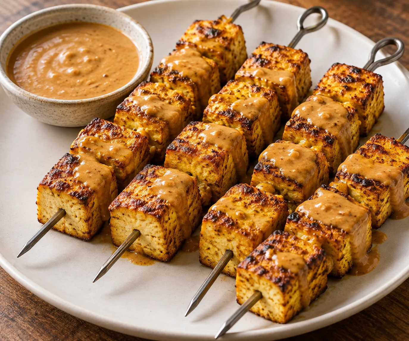 Oven-roasted tofu skewers receive a short broiler finish and a warm peanut, ginger and lime sauce.