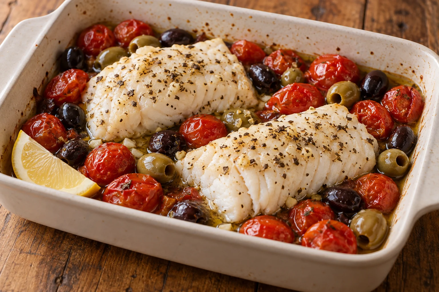 Baked cod fillets with roasted cherry tomatoes, olives and a lemon wedge