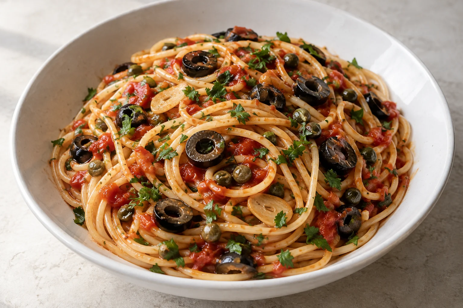 Spaghetti tossed in a thick tomato sauce with black olives, brined capers and fresh parsley.