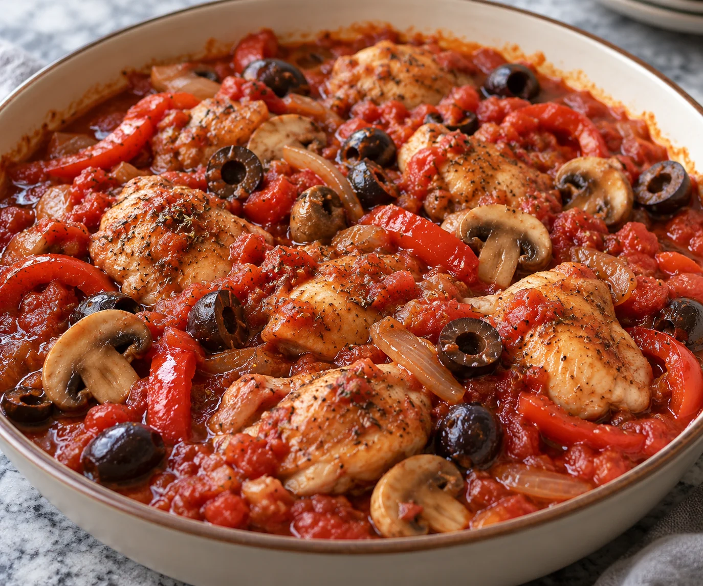 Boneless chicken thighs simmer in a tomato, pepper and mushroom sauce with black olives and oregano.