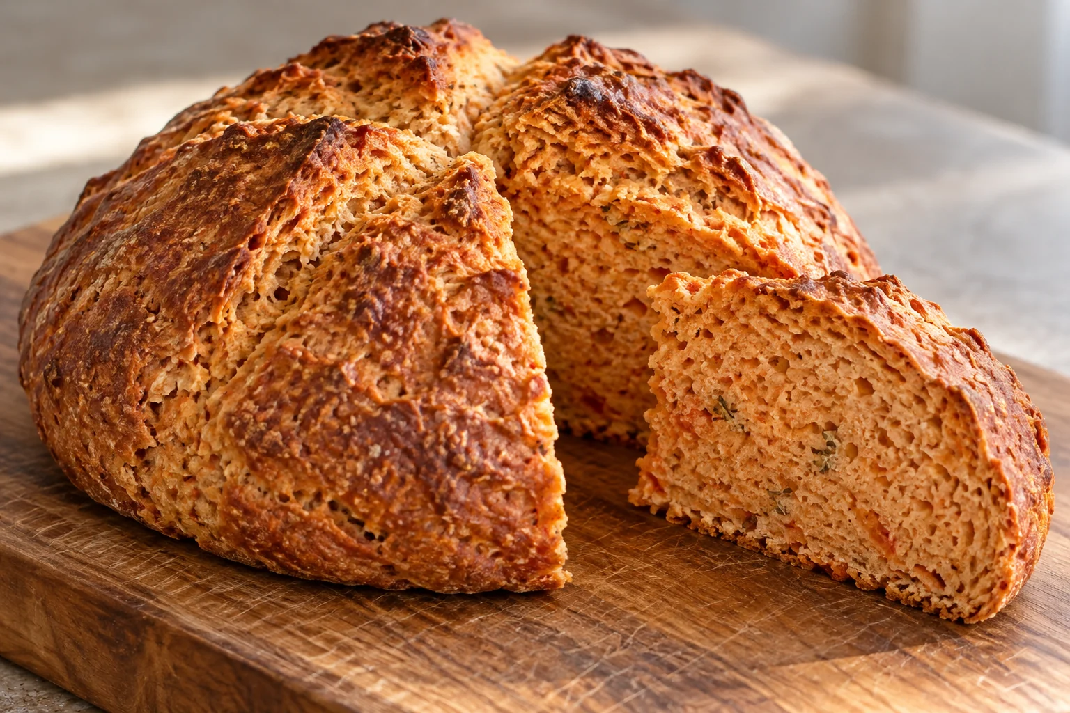 A rustic round yogurt soda bread with a pale tomato crumb, oregano flecks and a deep scored cross.