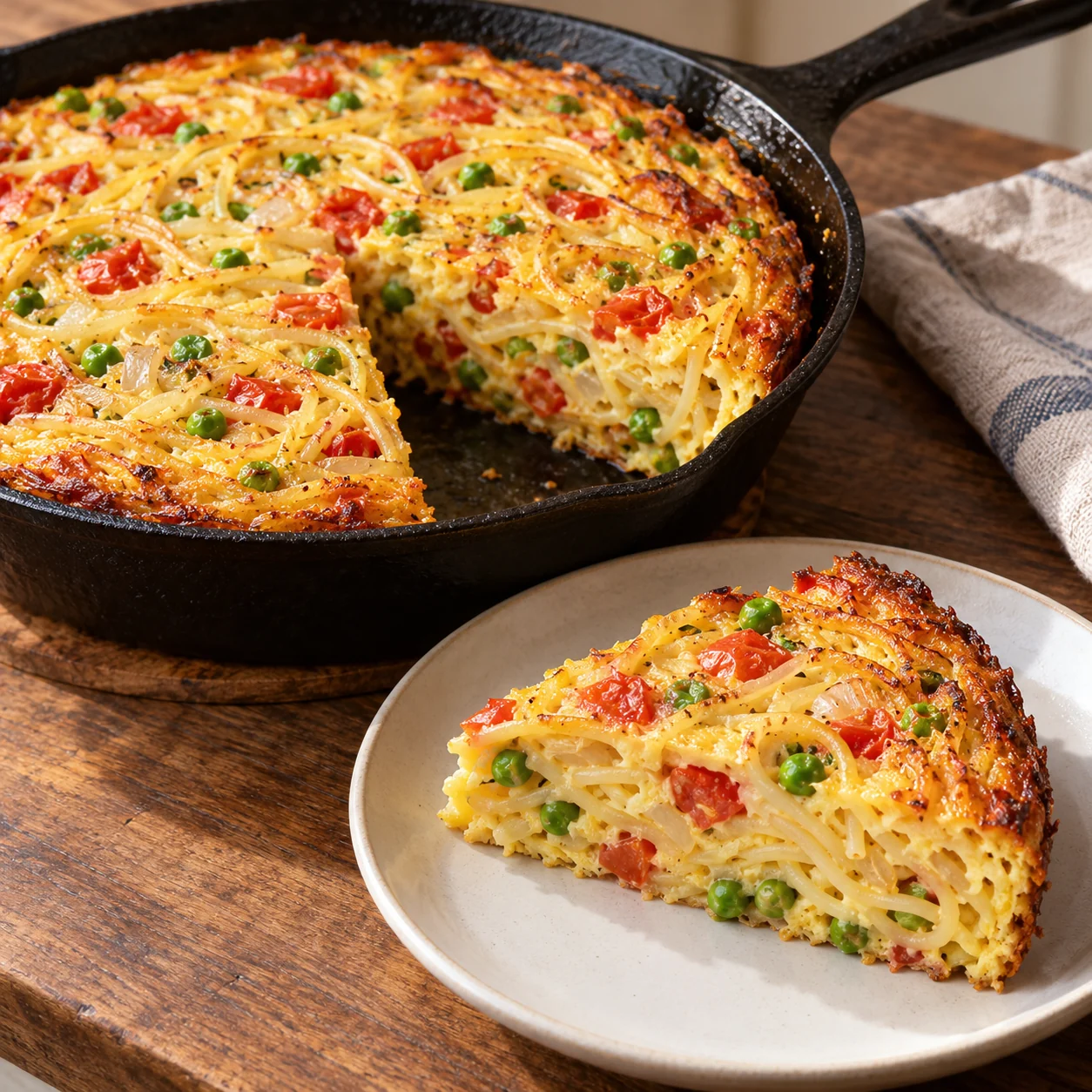 Cooked spaghetti, peas and tomato set into a golden skillet frittata with Parmesan-style cheese.