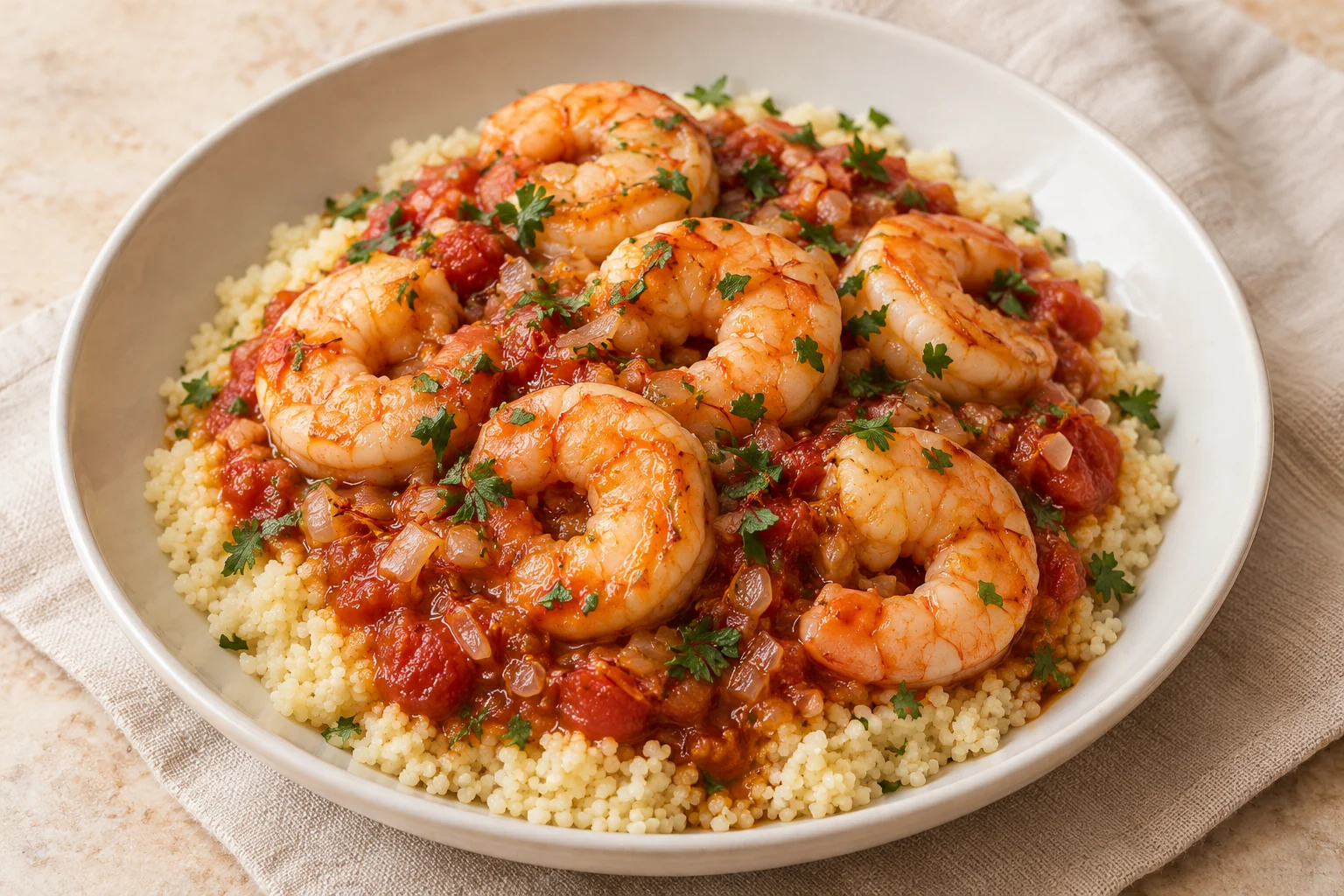 peeled shrimp in chunky tomato-saffron sauce with parsley over small-grain couscous.