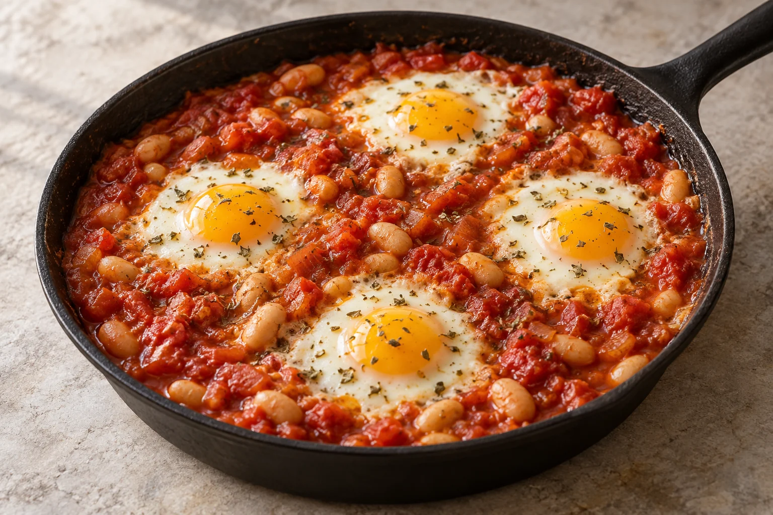 Whole eggs baked until set in a chunky tomato and white bean sauce seasoned with oregano.