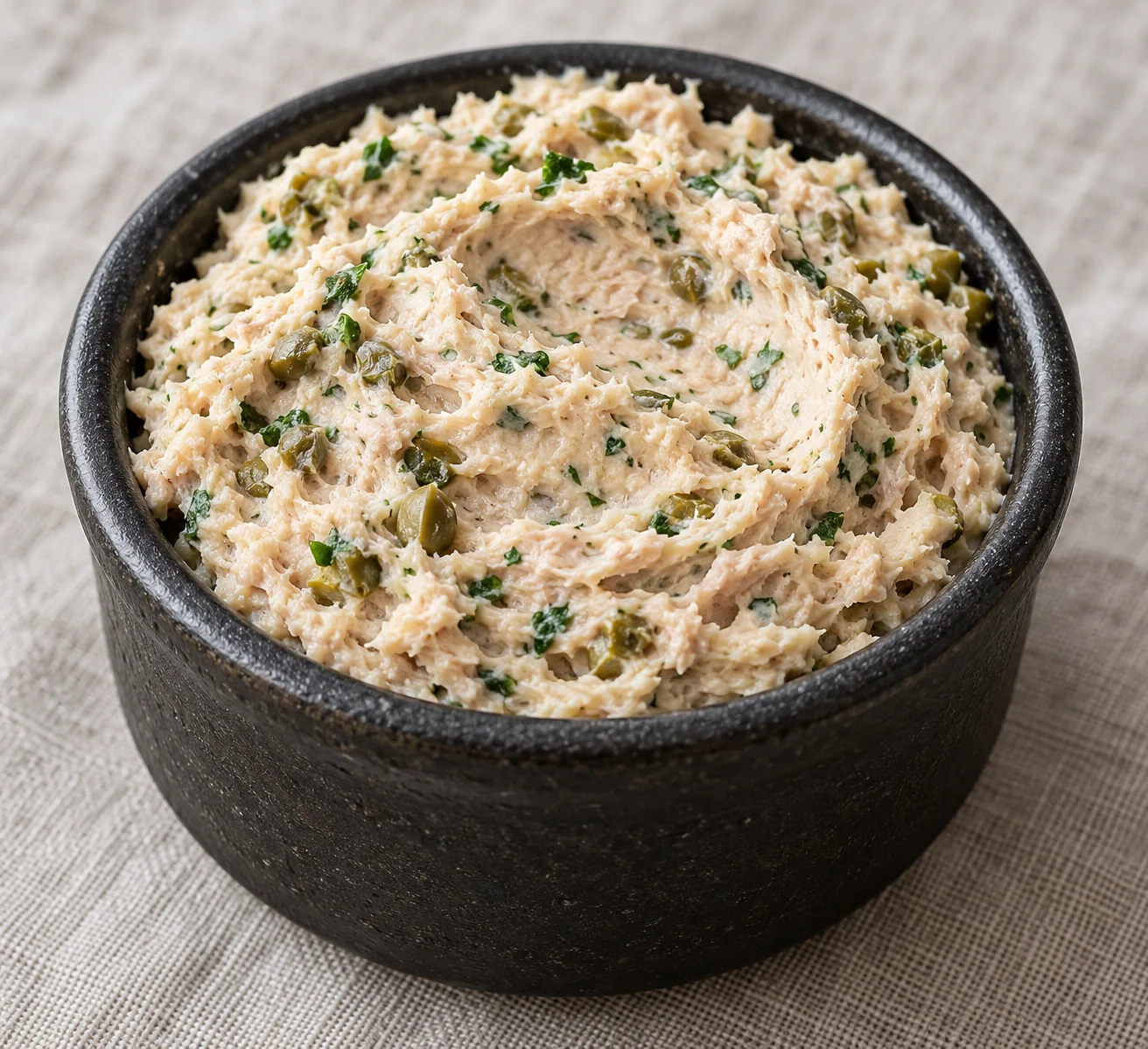 A firm chilled spread of water-packed tuna, softened butter, capers and lemon, pulsed until finely textured.