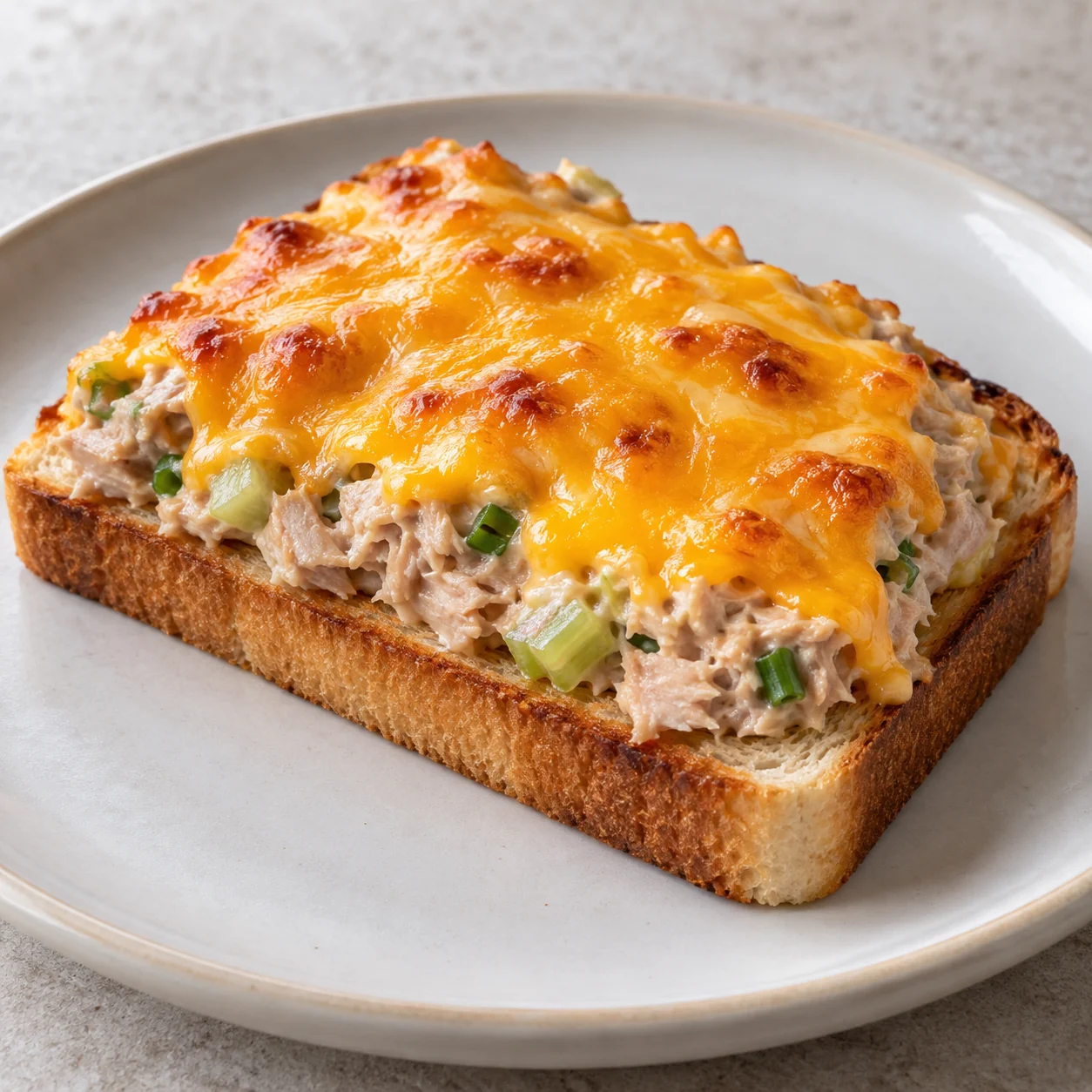 Toasted white bread holds a celery-tuna filling under a bubbling cheddar cap.