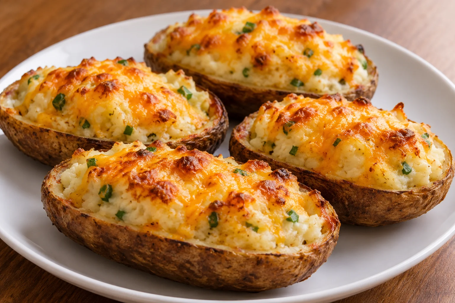 Russet potato skins refilled with their own mashed flesh, milk, butter, cheddar and scallions, then baked again.