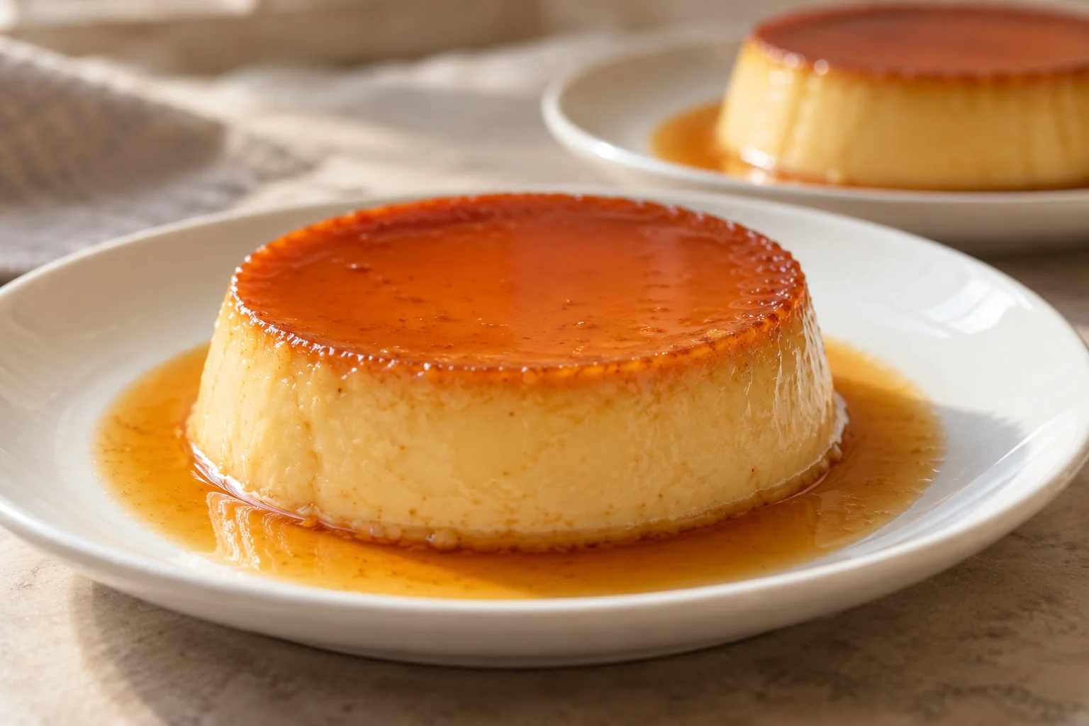 Whole eggs and milk form a gently baked vanilla custard that unmolds onto a pool of amber caramel after a full chill.
