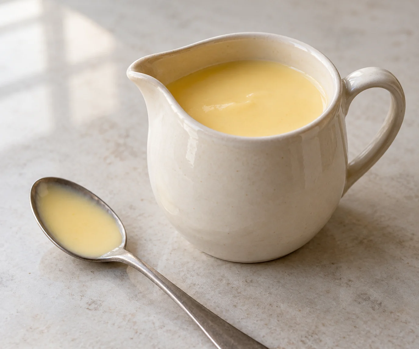 A chilled, pourable yolk-and-milk custard flavored with vanilla and cooked gently on the stovetop.
