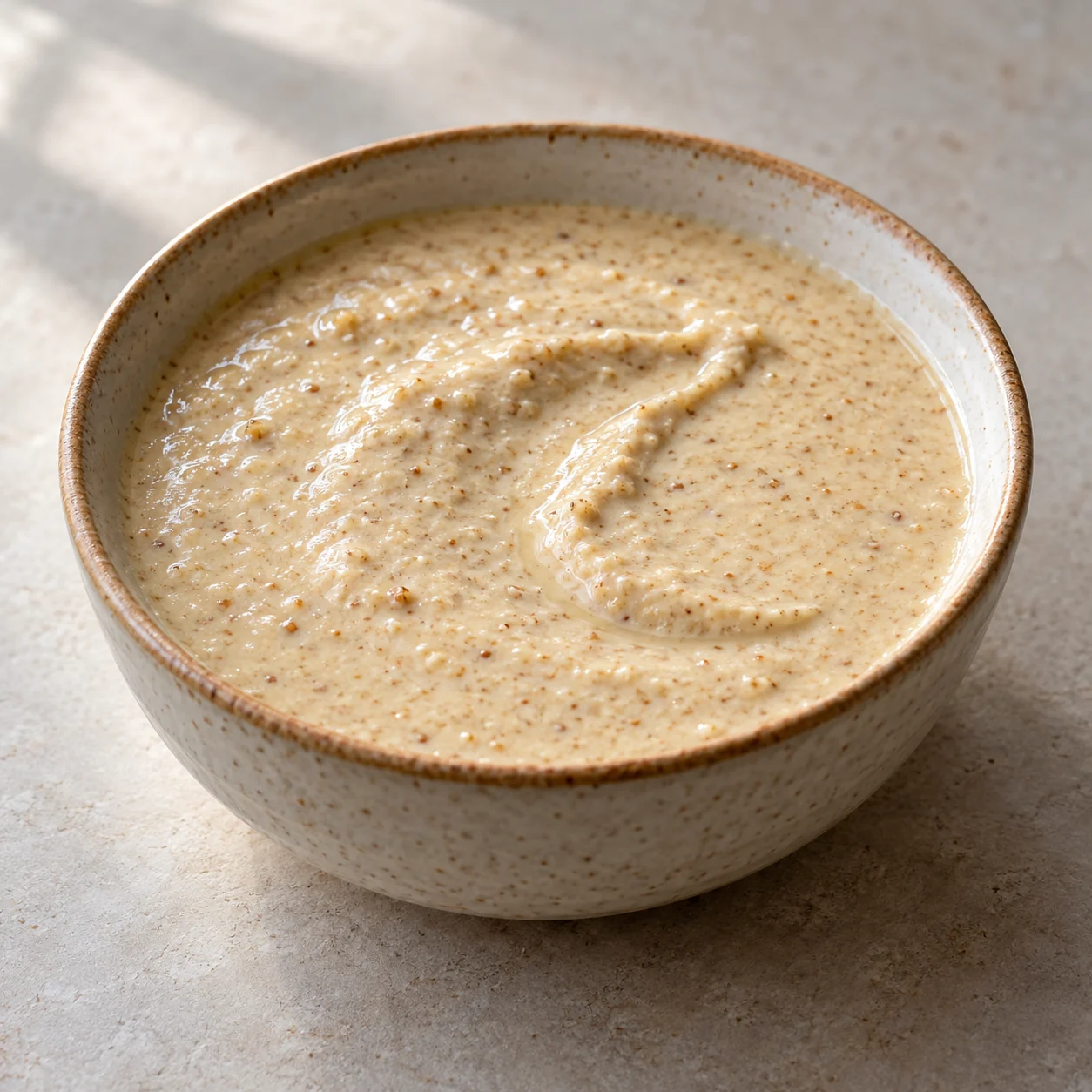 A creamy dairy-free sauce made by blending soaked bread and walnuts with garlic, lemon and olive oil.
