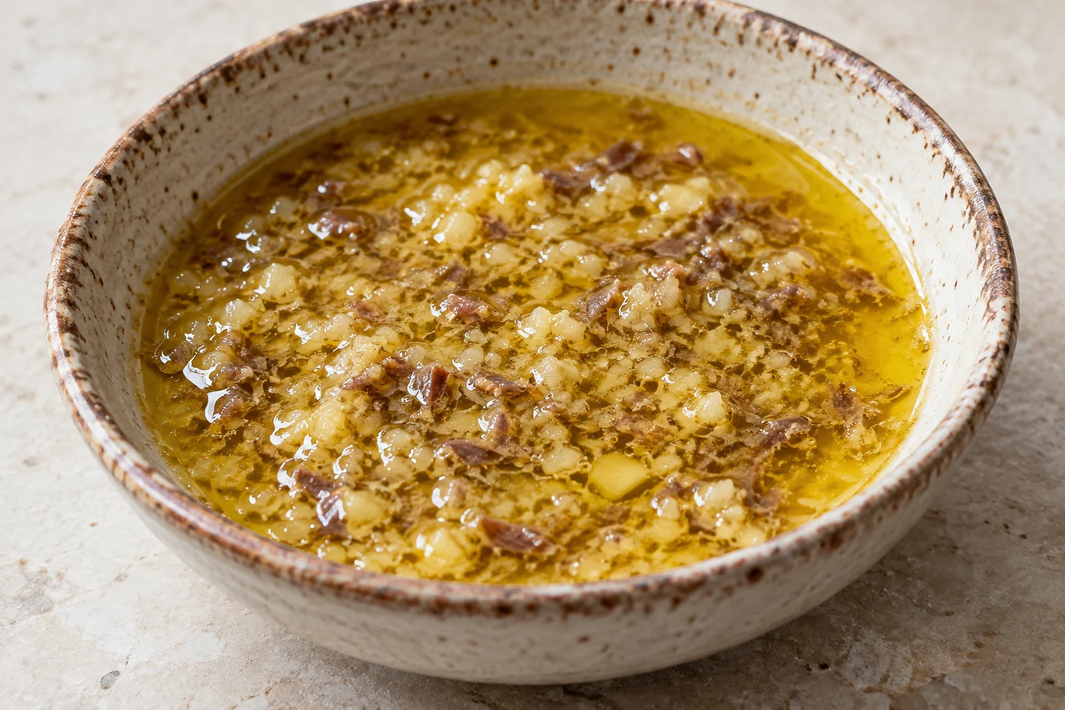 A gently warmed garlic, anchovy, olive oil and butter sauce with a soft, spoonable texture.