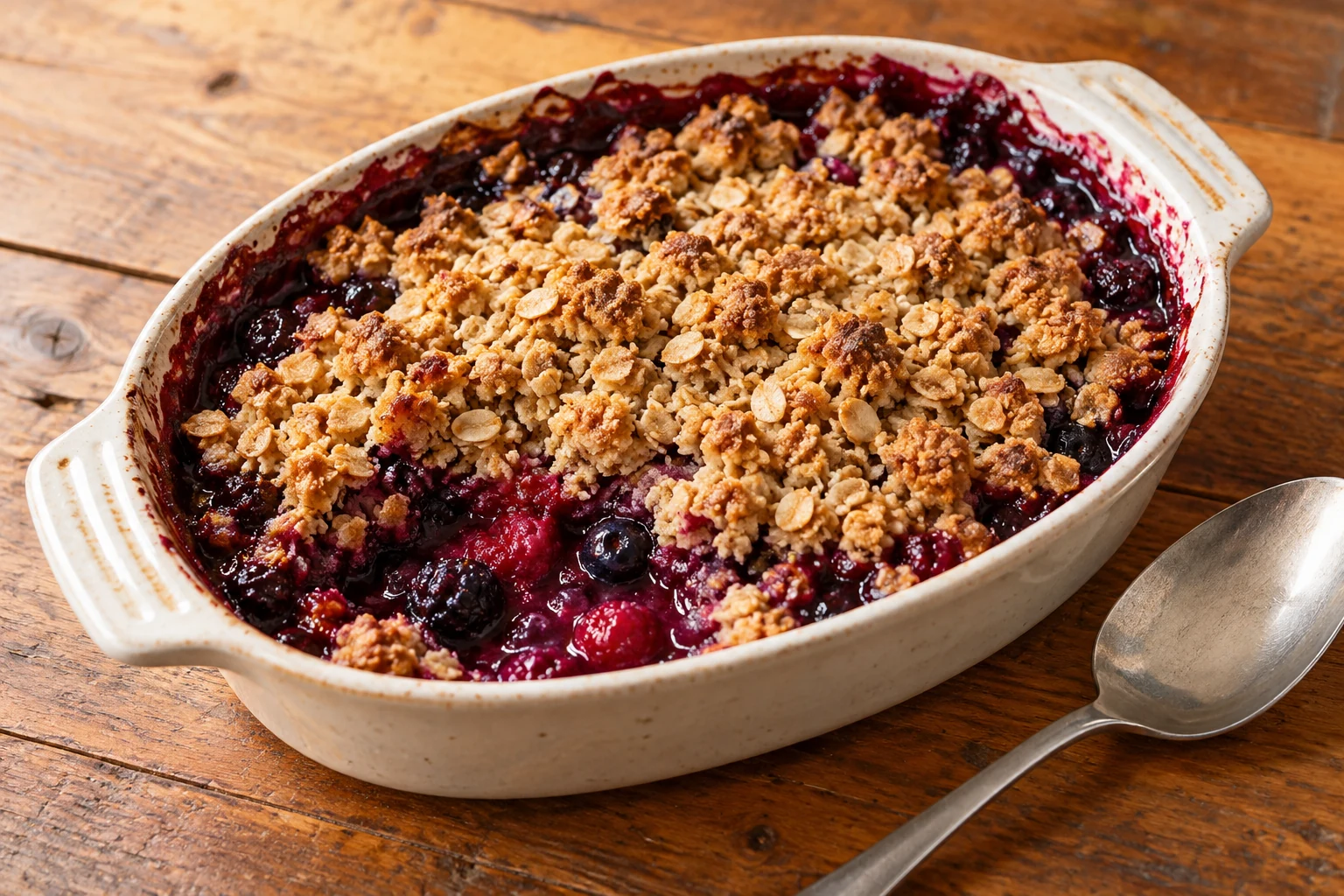 Baked mixed berries beneath golden rolled-oat crumble in a ceramic dish