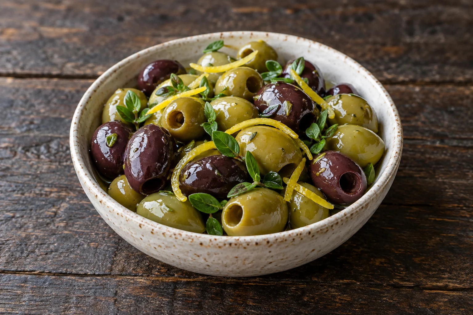 Green and purple pitted olives with thin lemon-peel strips and oregano in a rustic ceramic bowl.