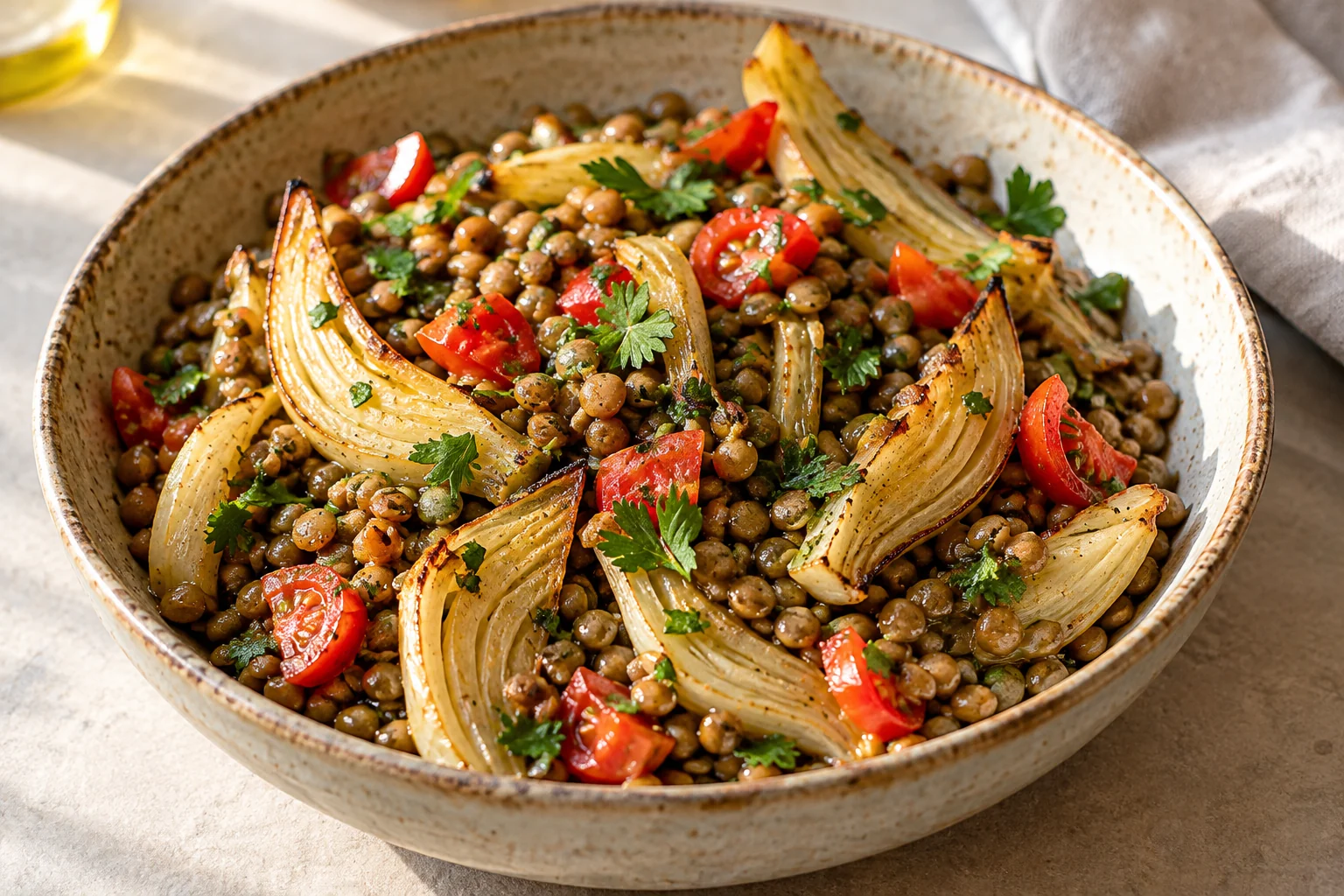 Tender brown lentils meet roasted fennel, fresh tomato and parsley in a lemon-olive oil dressing.