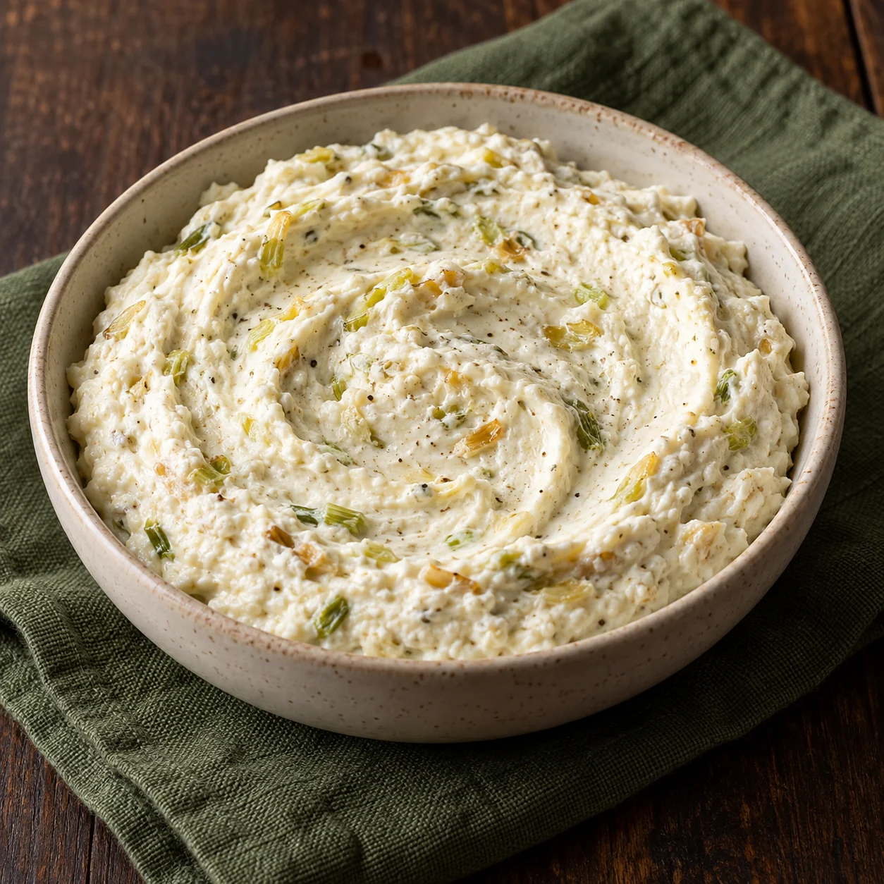 Tangy feta and yogurt are whipped with softened roasted scallions into a creamy, lightly flecked spread.