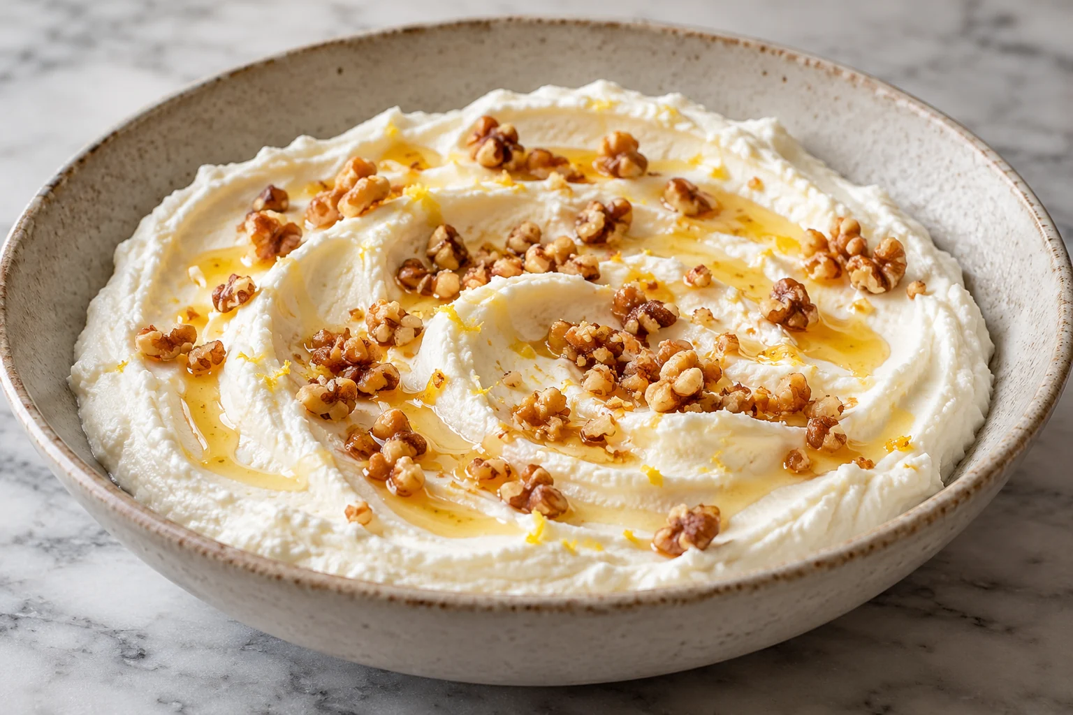 Whole-milk ricotta whipped until airy, finished with measured honey and finely chopped toasted walnuts.