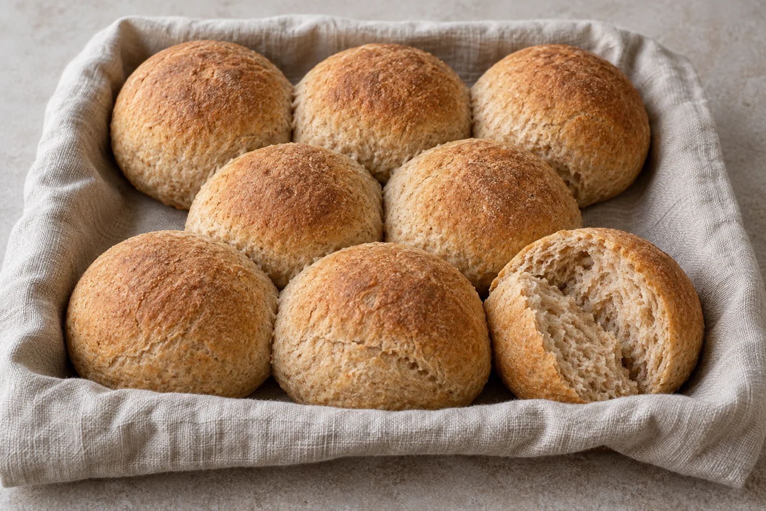 Eight softly rounded dinner rolls made with a blend of whole-wheat and bread flour.