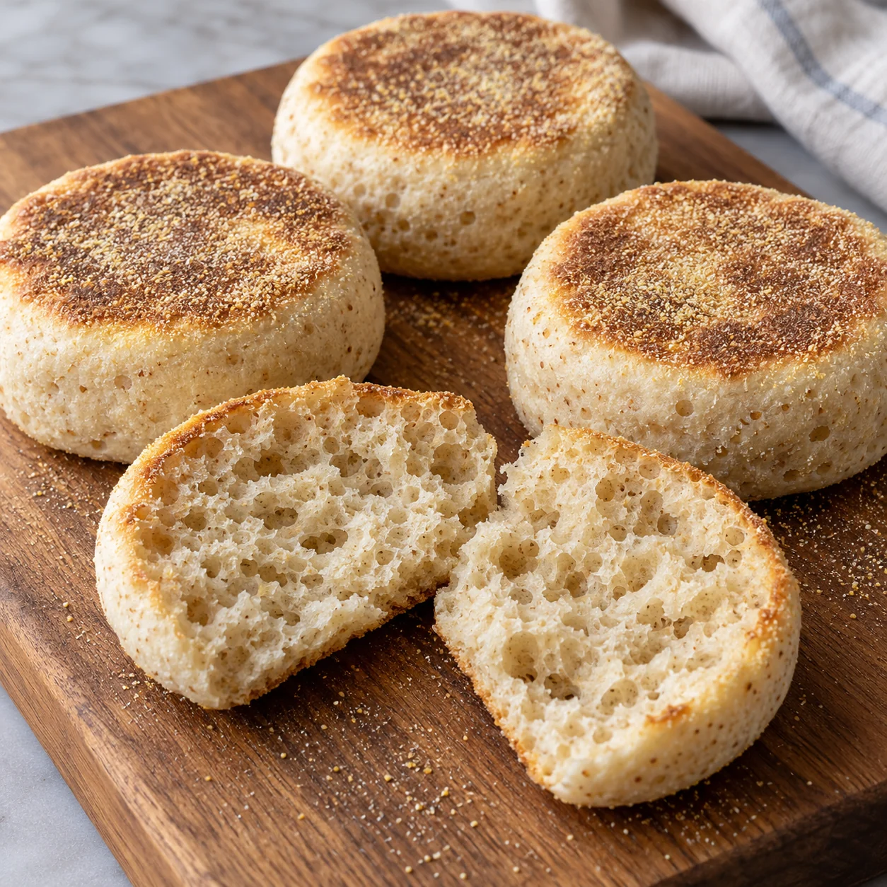 Soft yeast-raised English muffins with whole-wheat flour, cornmeal-dusted faces and a griddle-browned crust.
