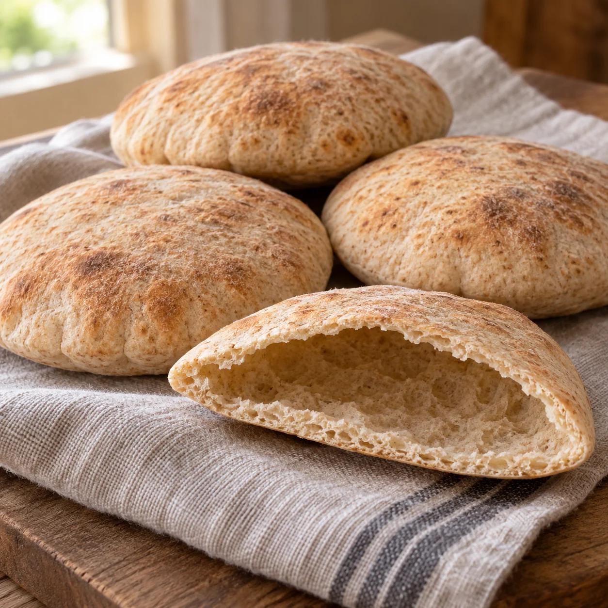 Soft half-whole-wheat pita rounds bake on a hot stone or steel to form pockets for filling.