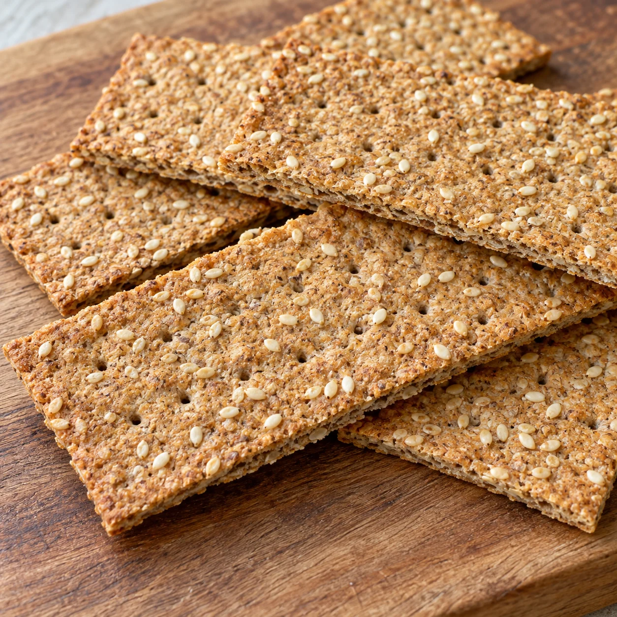 Thin whole-wheat crackers with embedded sesame seeds and a dry, crisp snap.