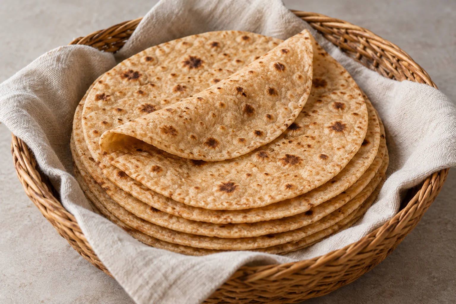 A stack of whole-wheat chapatis with toasted spots and a softly folded top bread in a linen-lined basket.