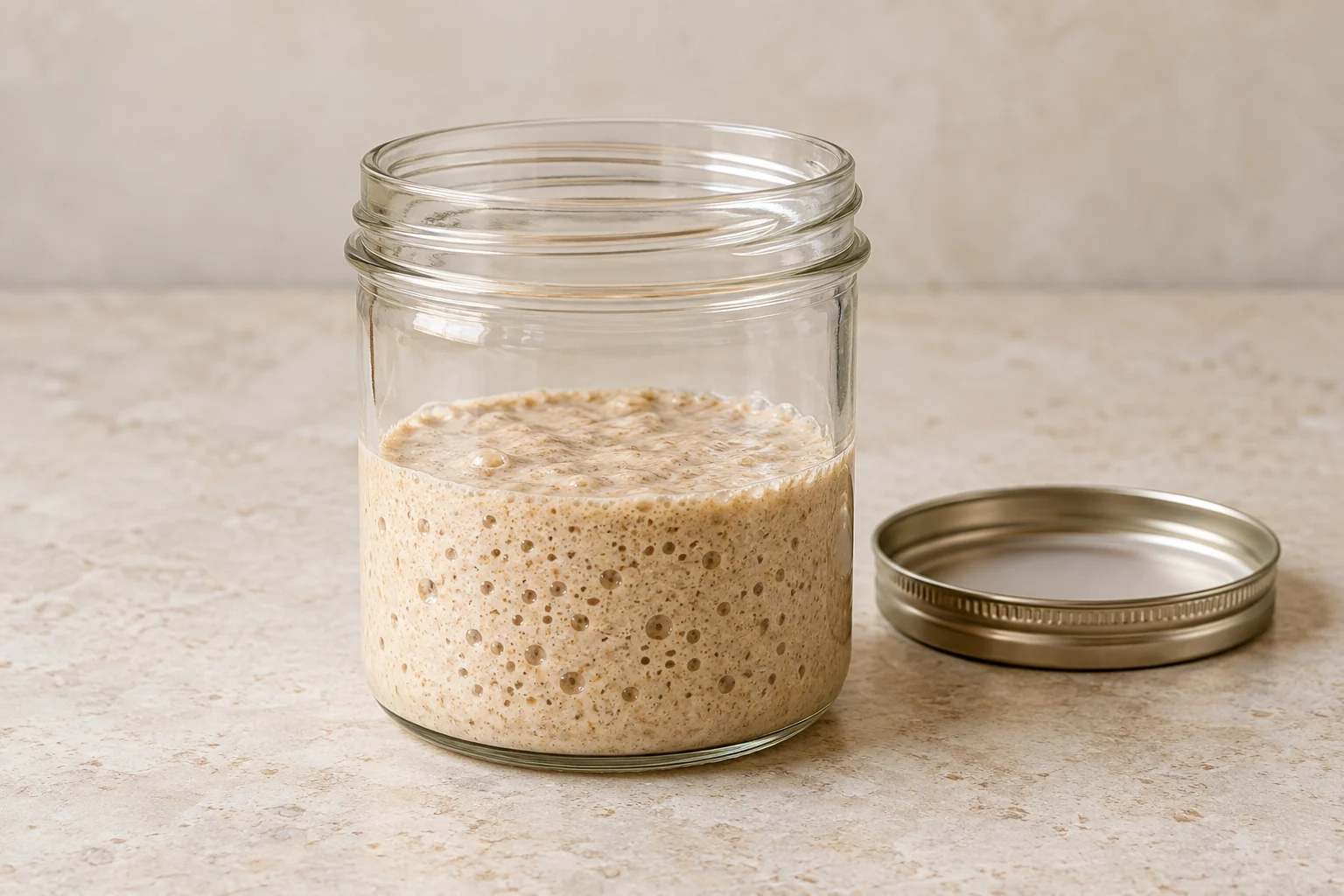 Bubbly tan whole-wheat sourdough starter in a clear glass jar with a plain loose lid beside it.