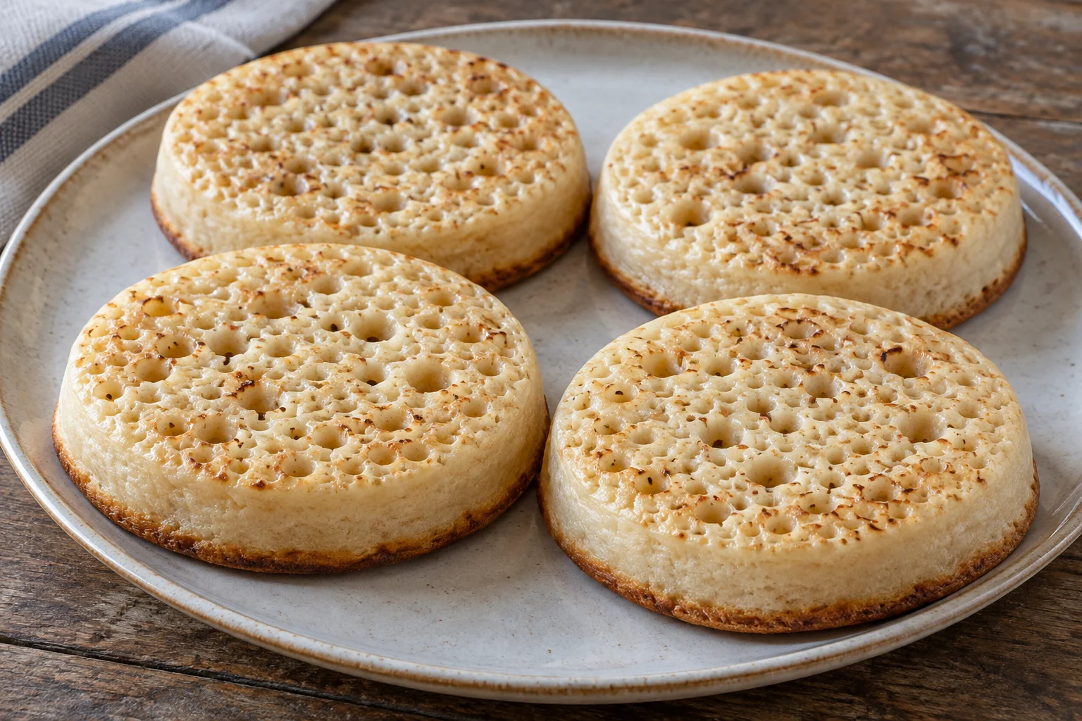 Round yeast-raised batter breads with open bubble holes, cooked slowly in rings on a griddle.